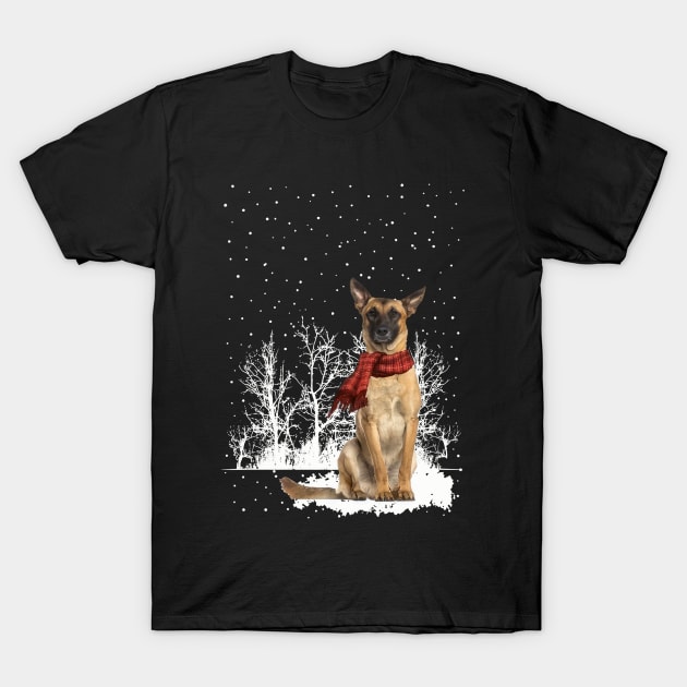 Chistmas Belgian Malinois With Scarf In Winter Forest T-Shirt by SuperMama1650